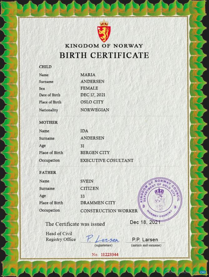 Download Norway birth certificate PSD template Photoshop template